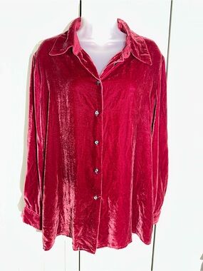 SILK CLUB vtg Velvet Pearl Button Shirt Blouse L Viscose/Silk Blend Ruby Red A20
